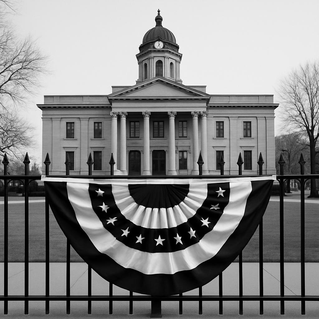 A black and white image showing an old, historic looking governmental building behind an iron fence with a patriotic flag ...